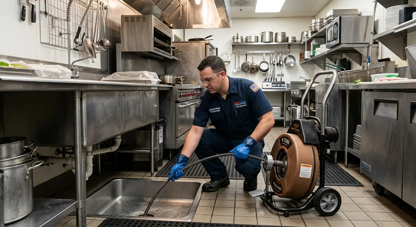 Commercial drain cleaning service in a restaurant kitchen in Tecumseh