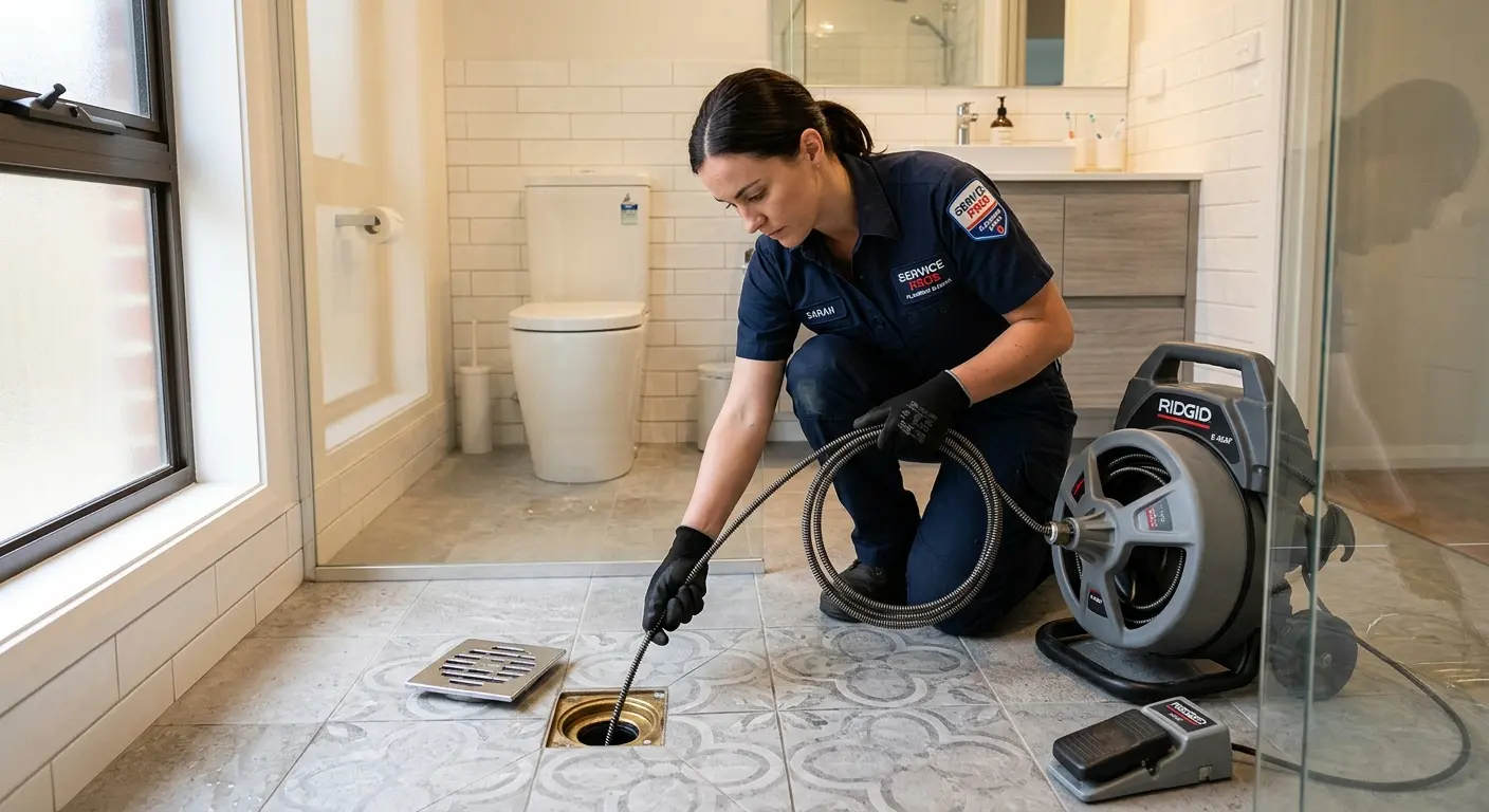 Technician clearing a bathroom floor drain for Hydro Jetting in Tecumseh